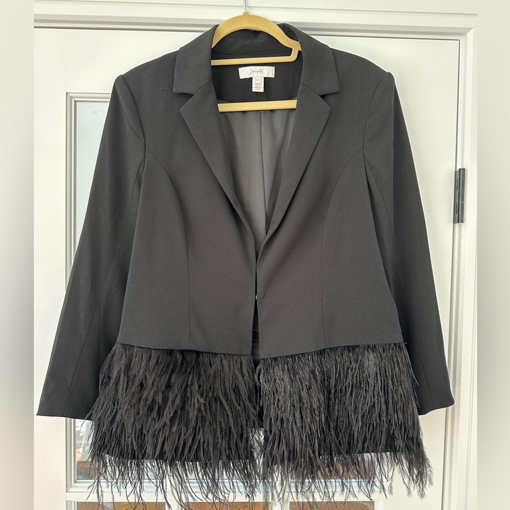 Scripted black feather blazer size M